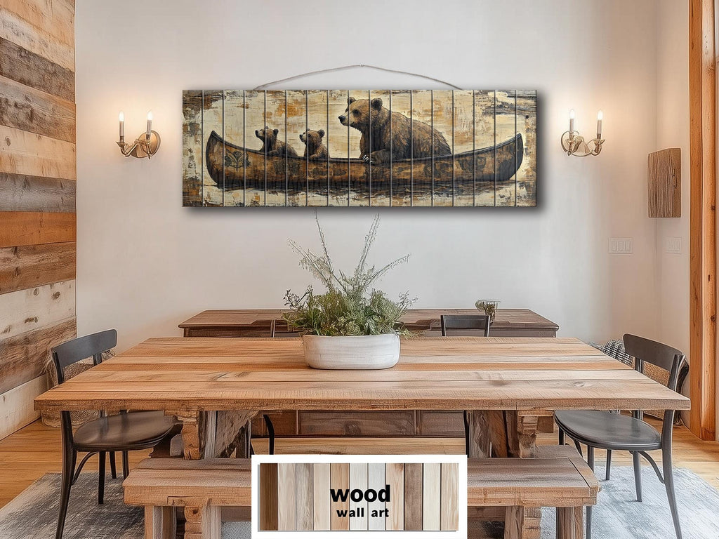 Bear Family Mama And Cubs In Canoe Real Wood Wall Art