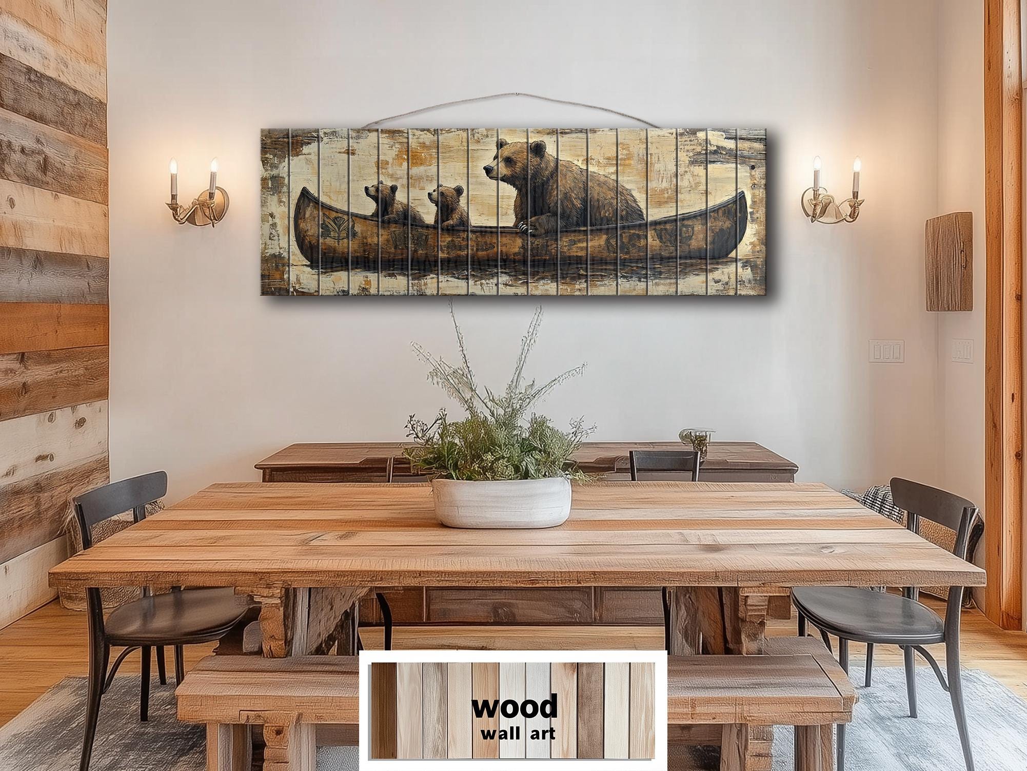Bear Family Mama And Cubs In Canoe Real Wood Wall Art