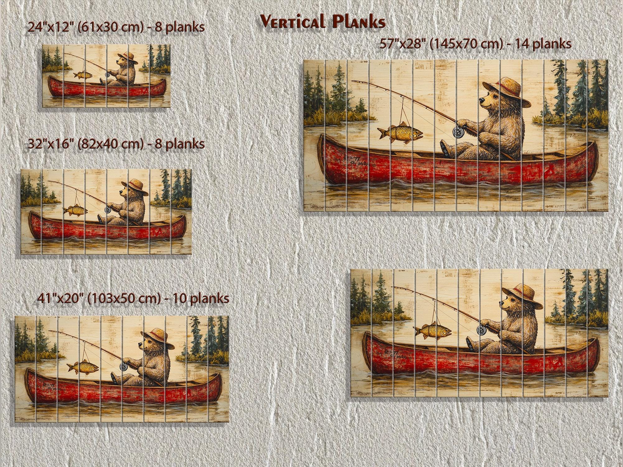 Bear Fishing In Red Canoe Distressed Wood Wall Art