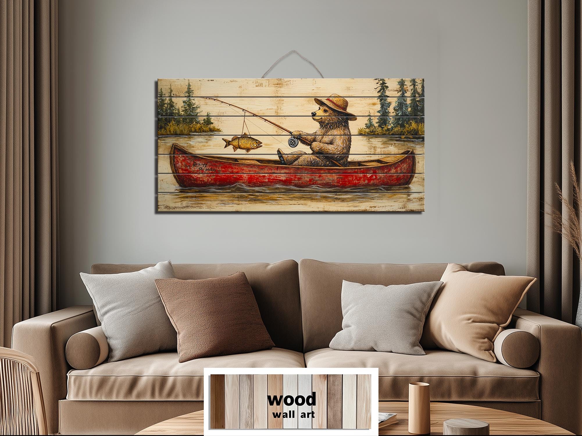 Bear Fishing In Red Canoe Distressed Wood Wall Art