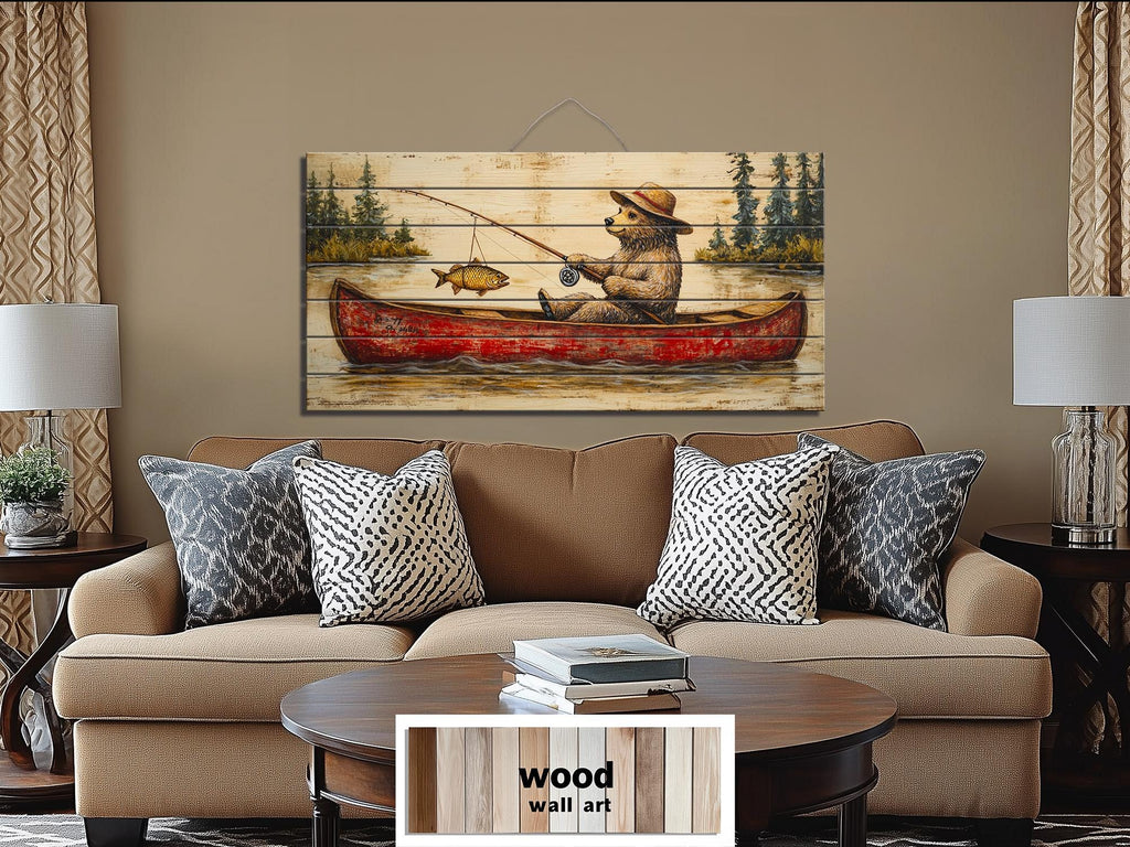 Bear Fishing In Red Canoe Distressed Wood Wall Art