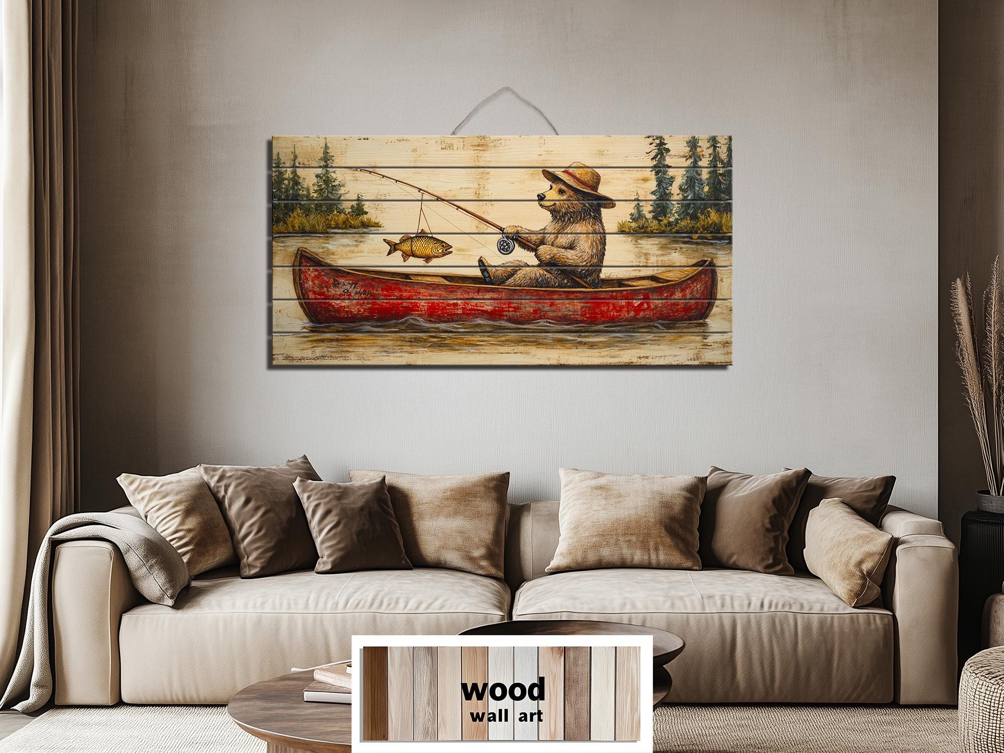Bear Fishing In Red Canoe Distressed Wood Wall Art