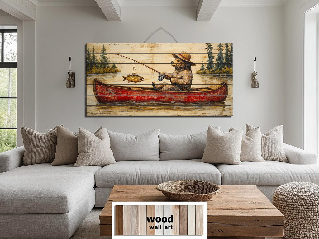 Bear Fishing In Red Canoe Distressed Wood Wall Art