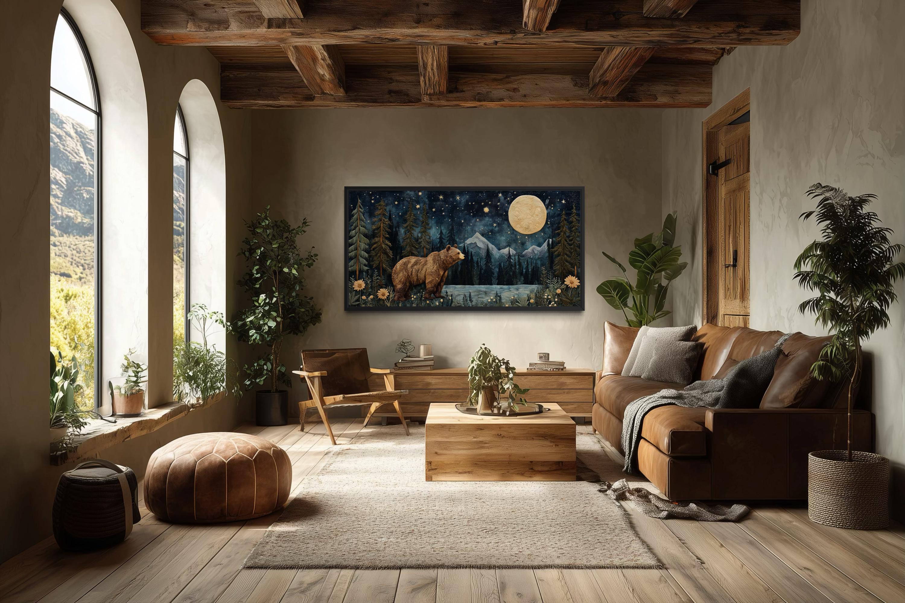 Bear In Night Forest Wall Art Canvas Print With Full Moon & Mountain Landscape