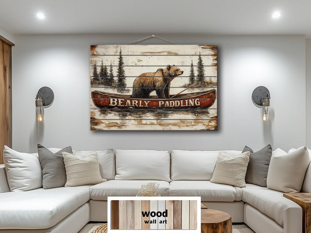 Bear In Red Canoe Distressed Wood Wall Art