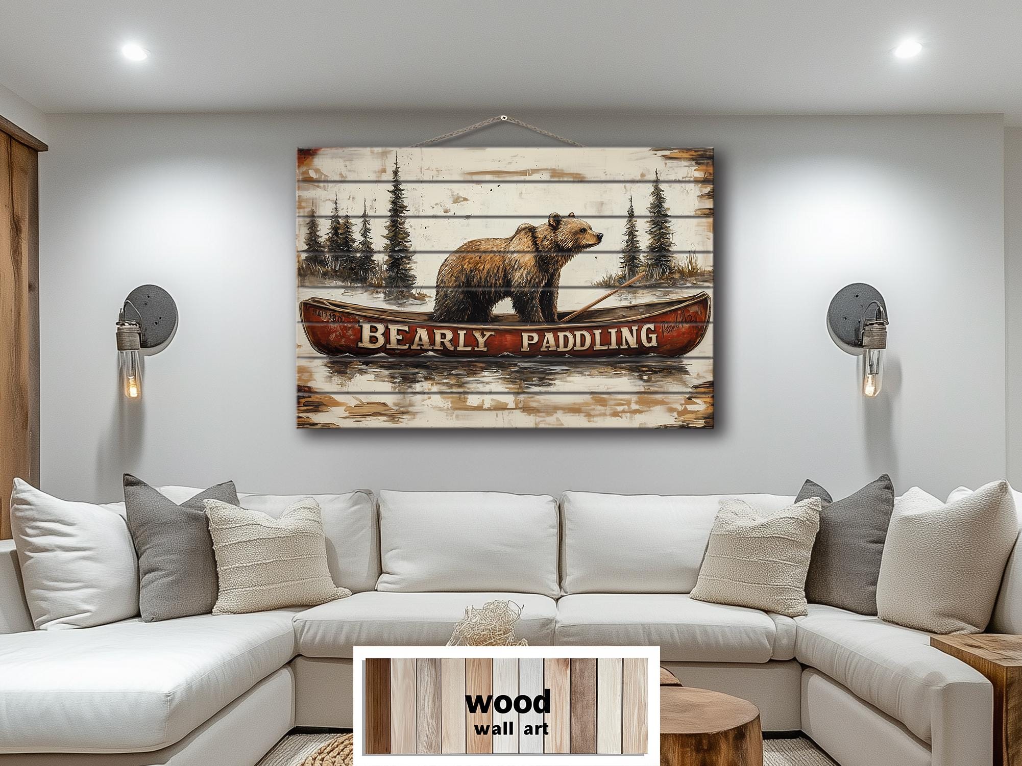 Bear In Red Canoe Distressed Wood Wall Art