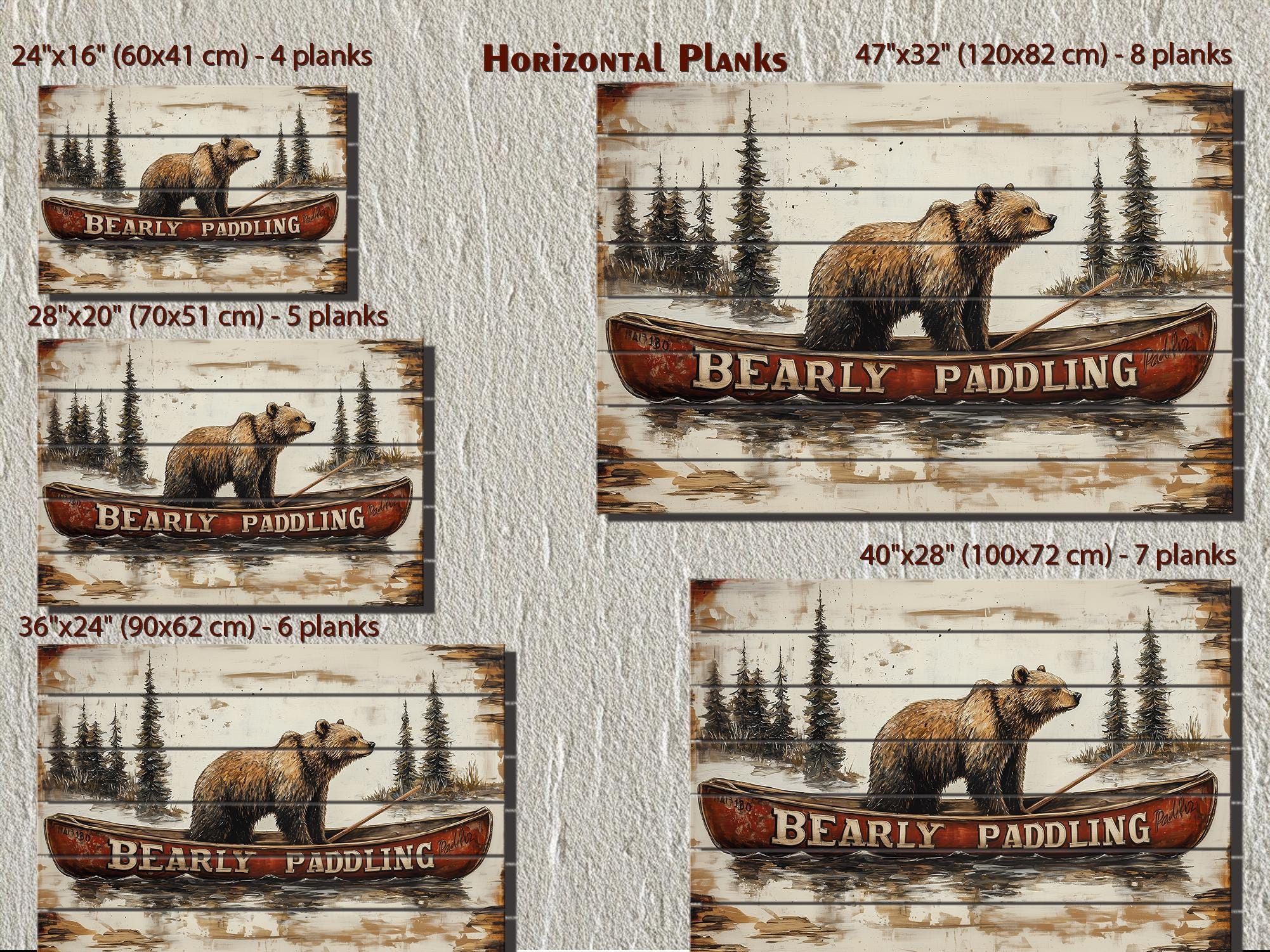 Bear In Red Canoe Distressed Wood Wall Art