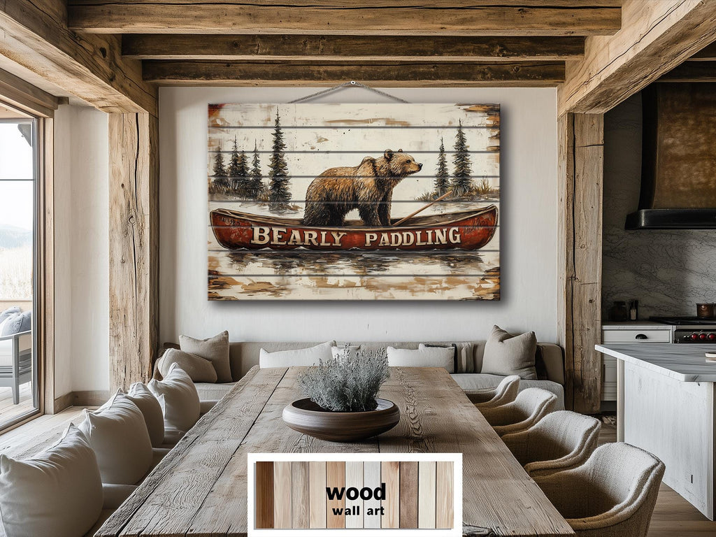 Bear In Red Canoe Distressed Wood Wall Art