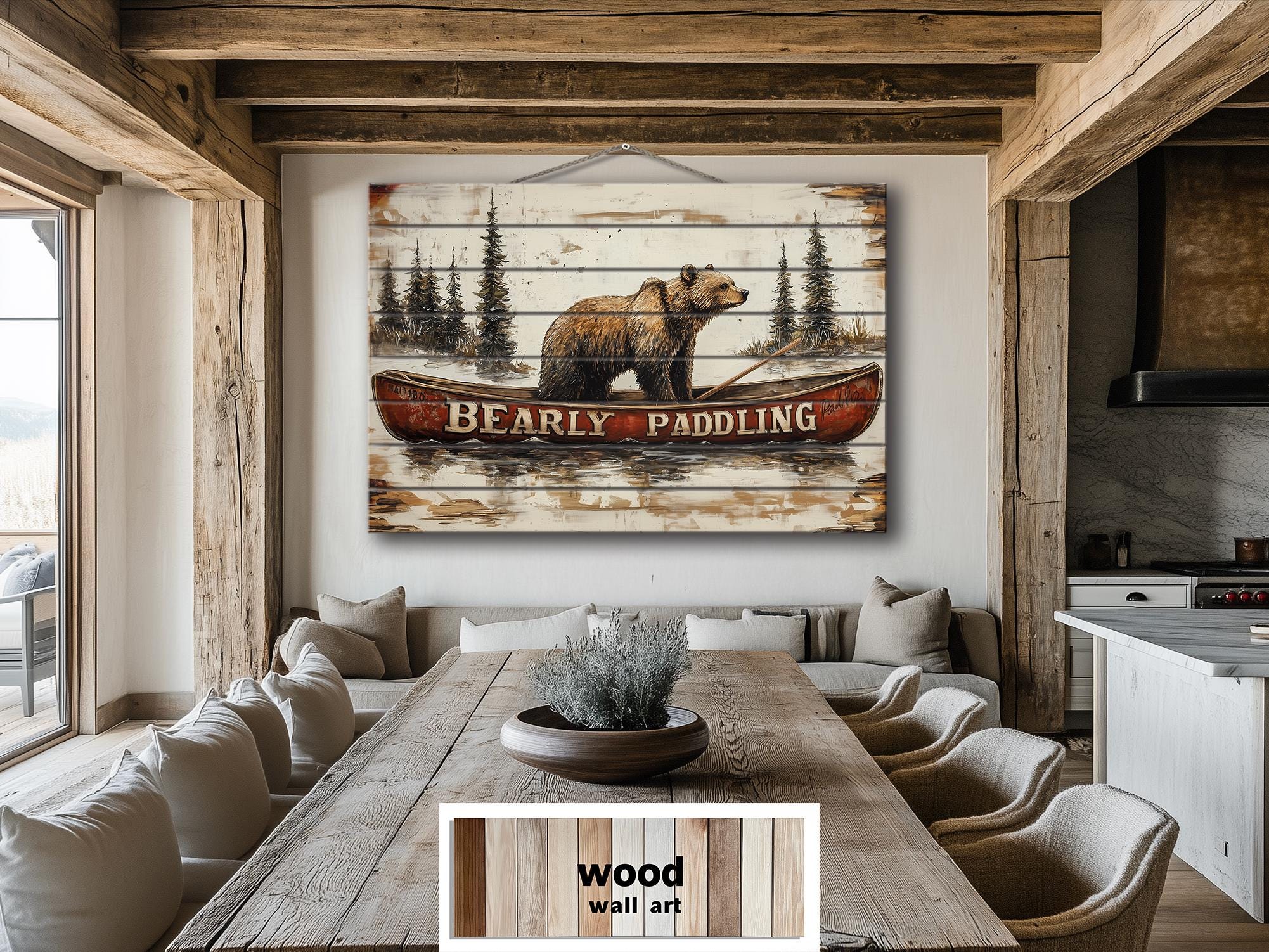 Bear In Red Canoe Distressed Wood Wall Art