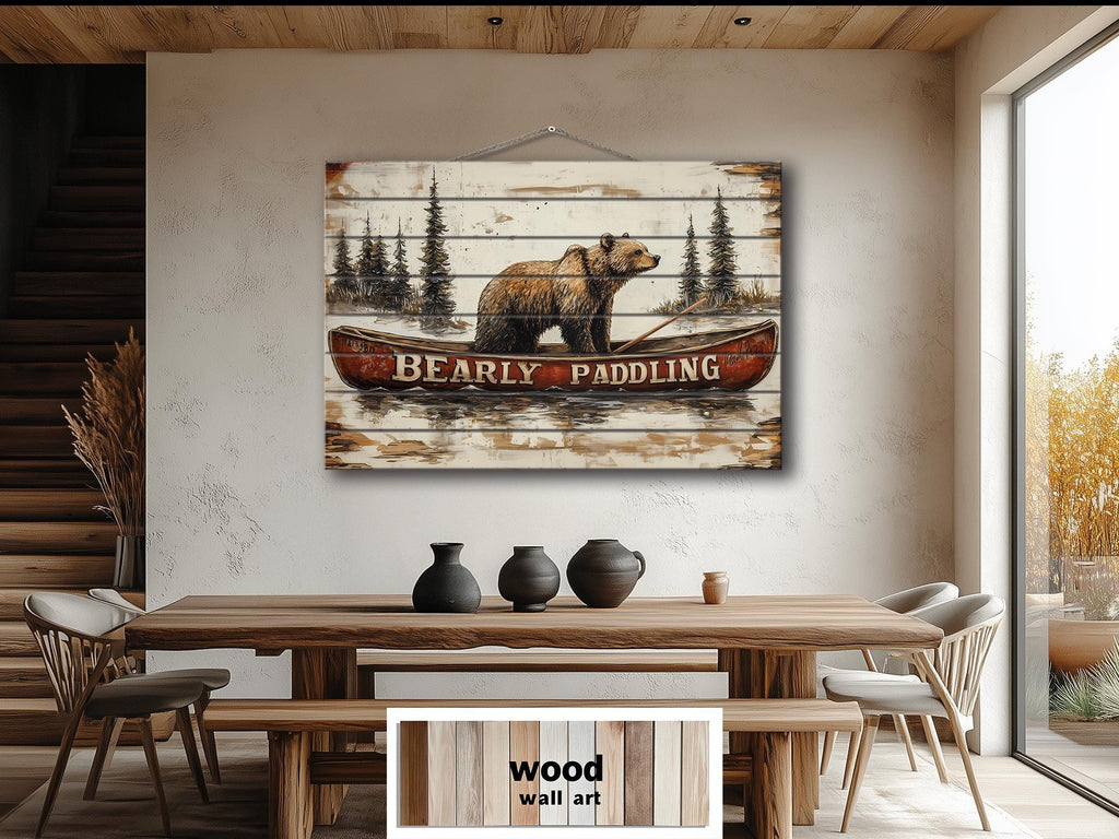 Bear In Red Canoe Distressed Wood Wall Art