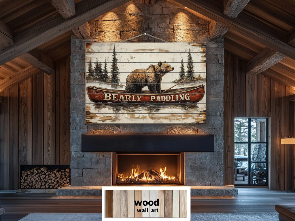 Bear In Red Canoe Distressed Wood Wall Art