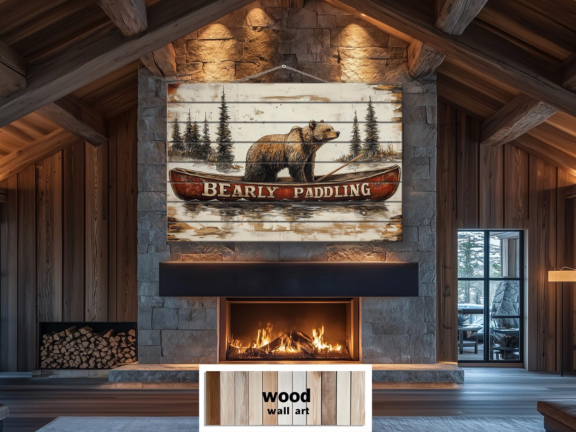 Bear In Red Canoe Distressed Wood Wall Art
