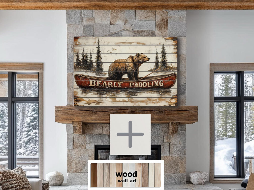 Bear In Red Canoe Distressed Wood Wall Art