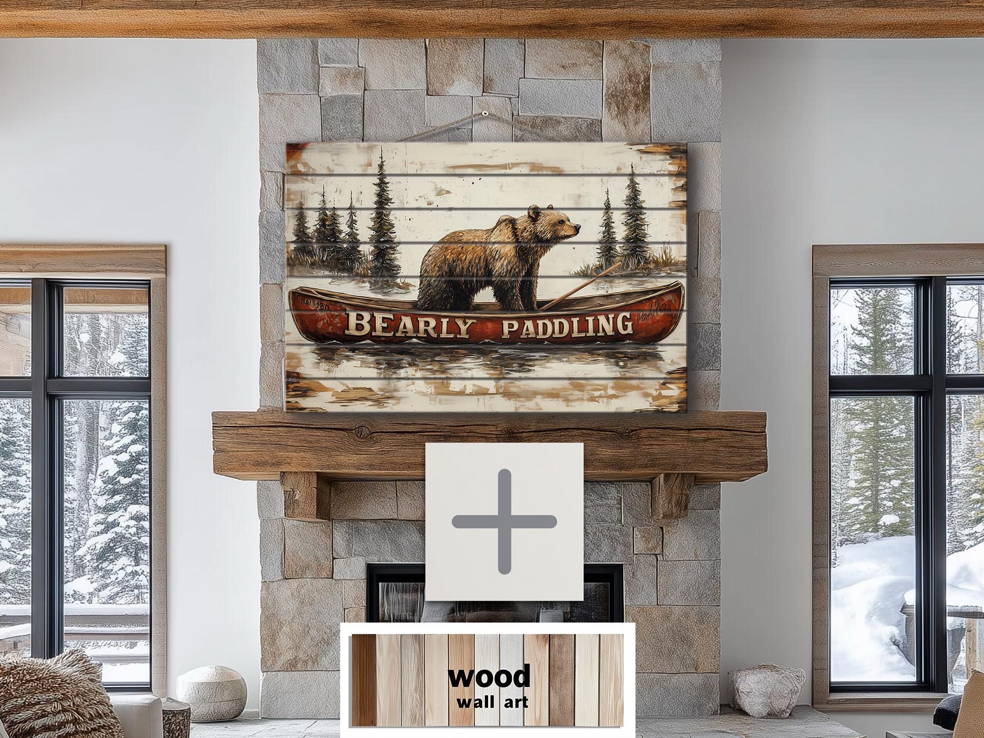 Bear In Red Canoe Distressed Wood Wall Art