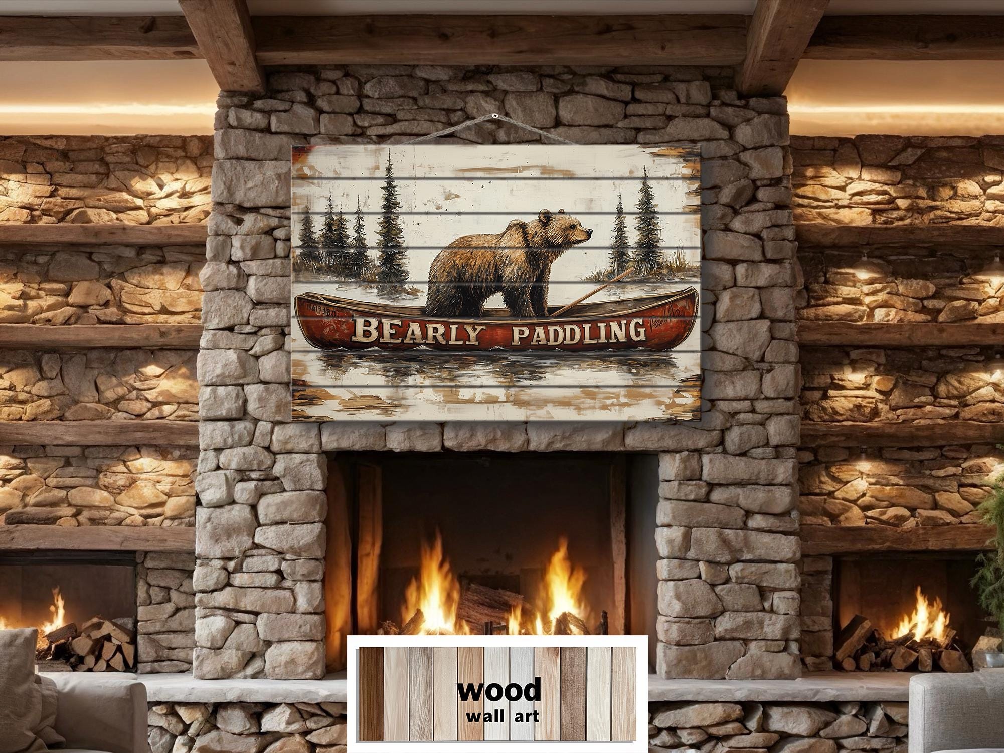 Bear In Red Canoe Distressed Wood Wall Art
