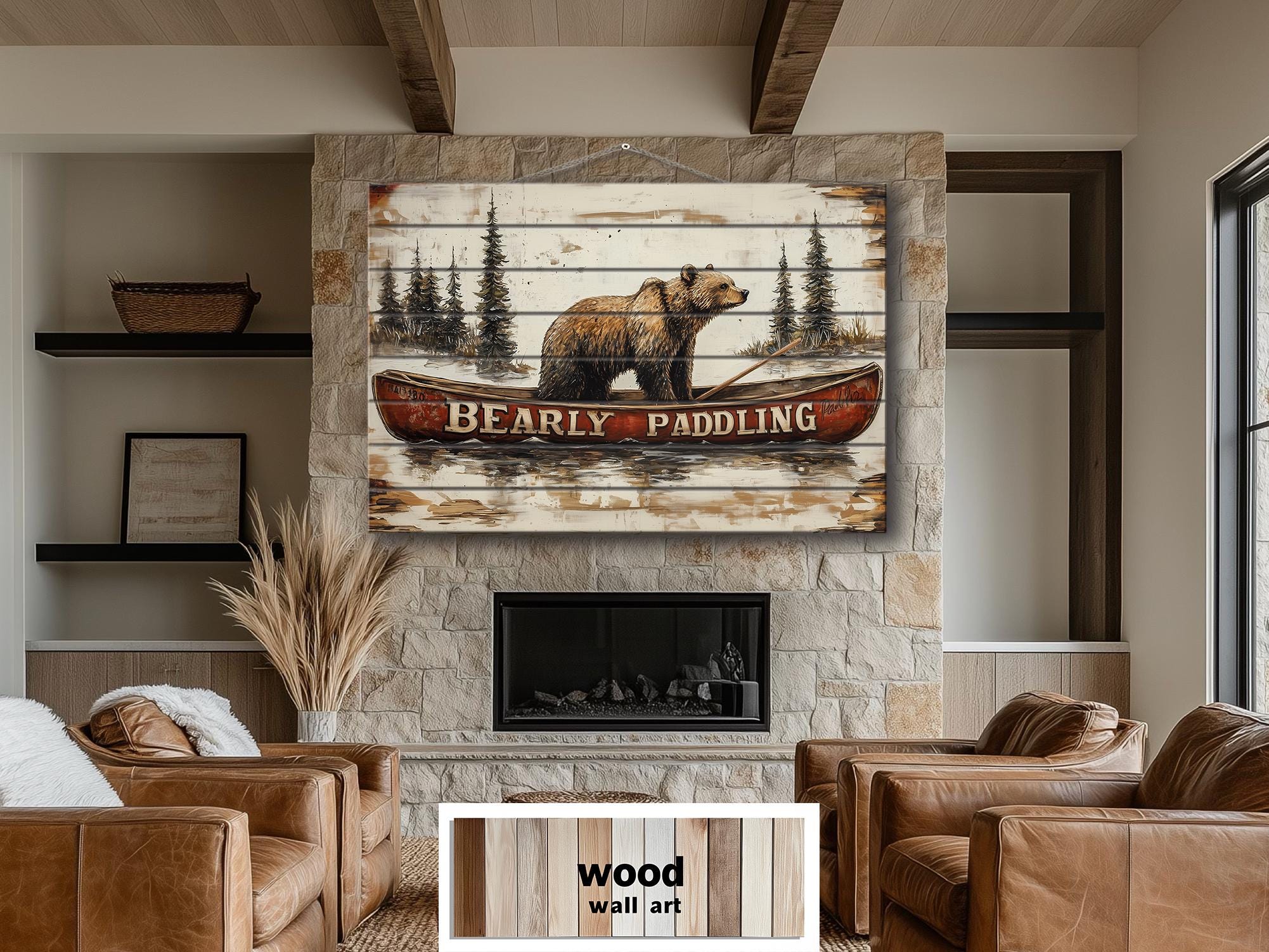 Bear In Red Canoe Distressed Wood Wall Art