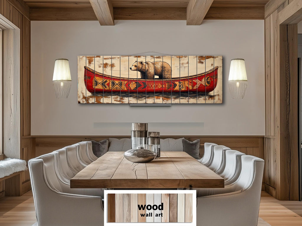 Bear In Red Canoe Real Wood Wall Art For Cabin Wall Decor