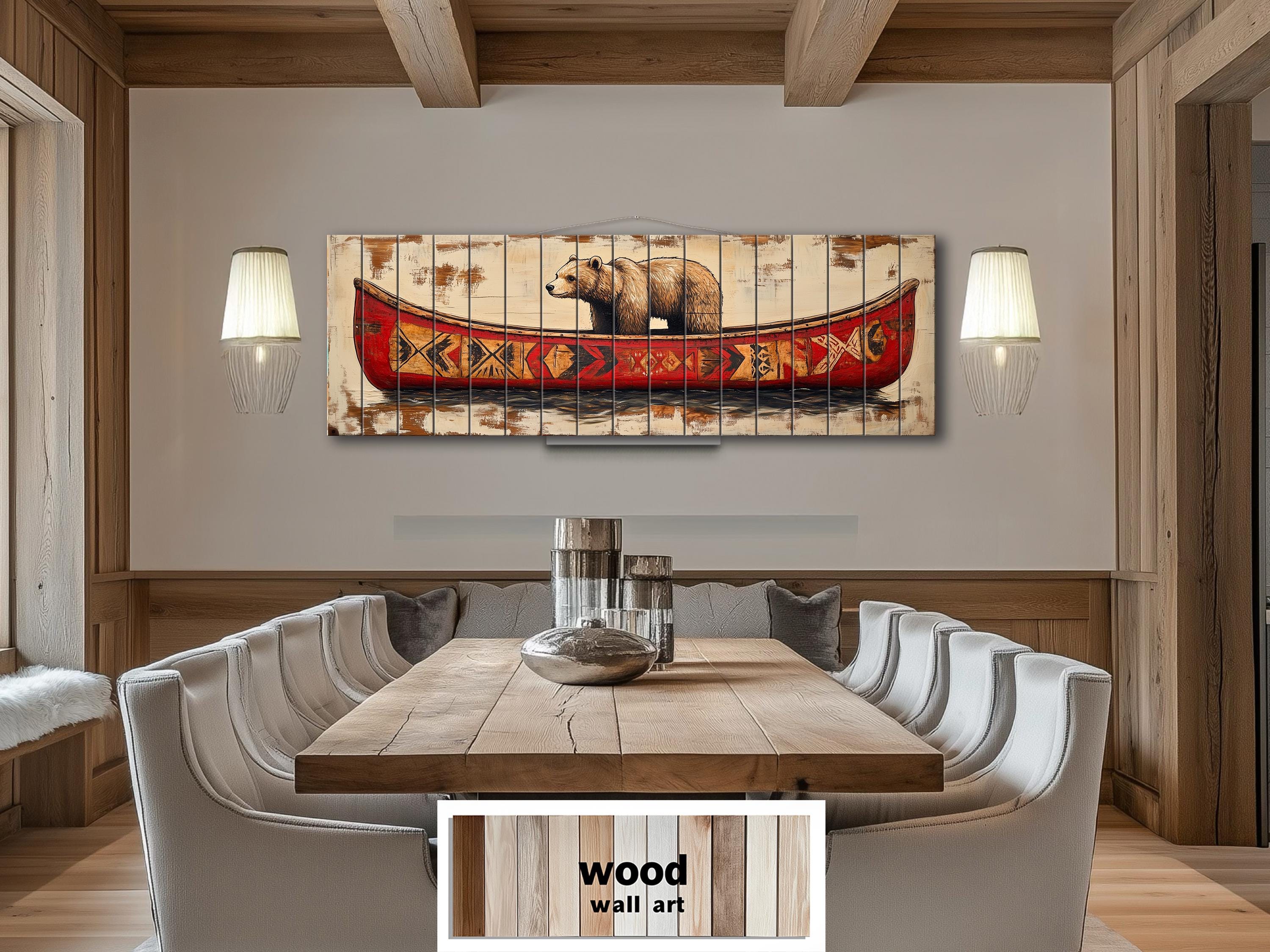 Bear In Red Canoe Real Wood Wall Art For Cabin Wall Decor