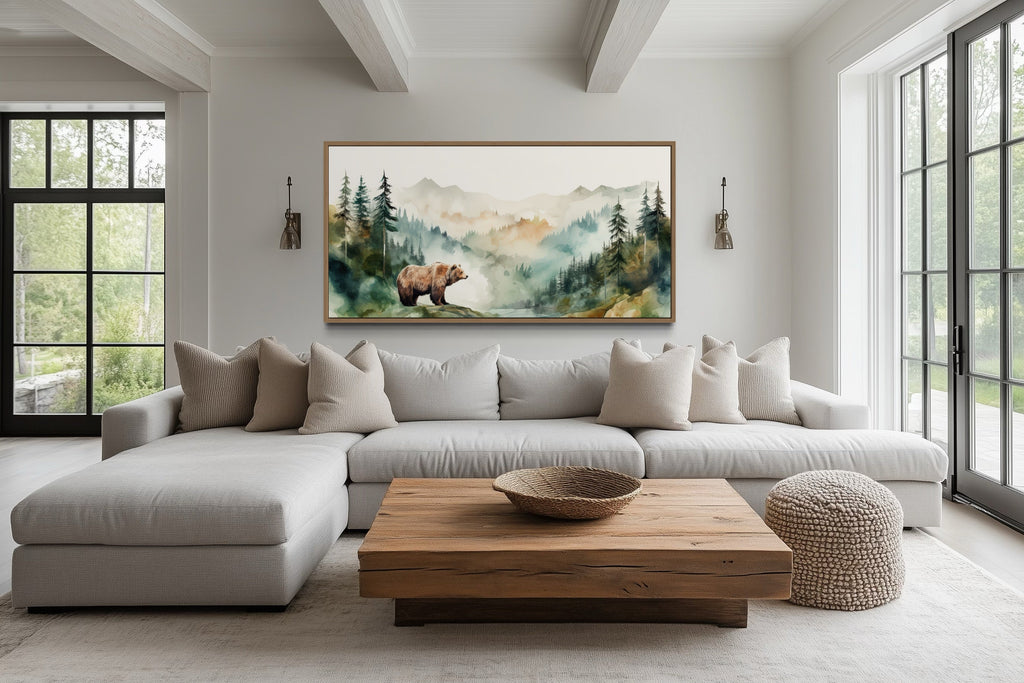 Bear In The Wilderness Forest Watercolor Framed Canvas Wall Art