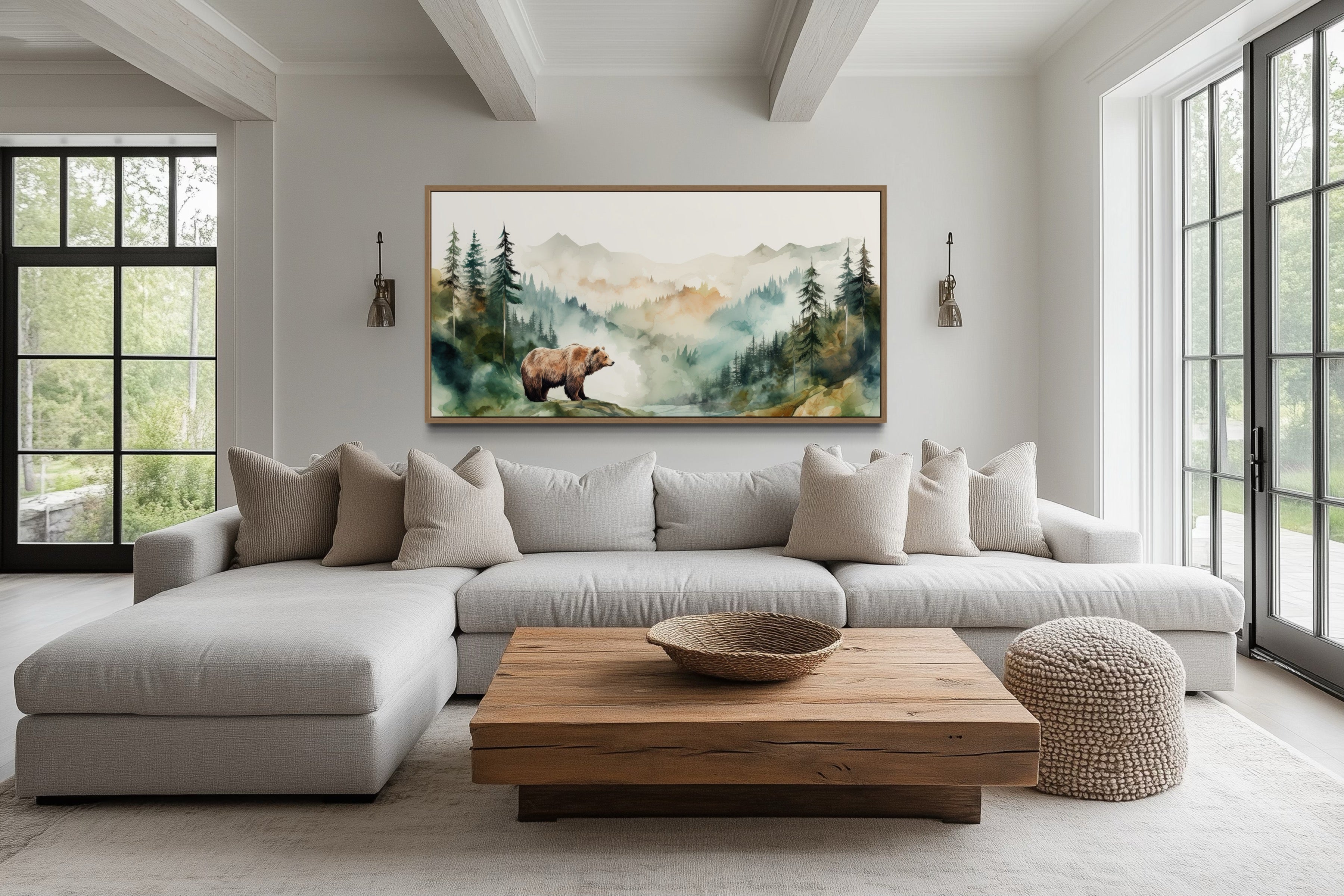 Bear In The Wilderness Forest Watercolor Framed Canvas Wall Art