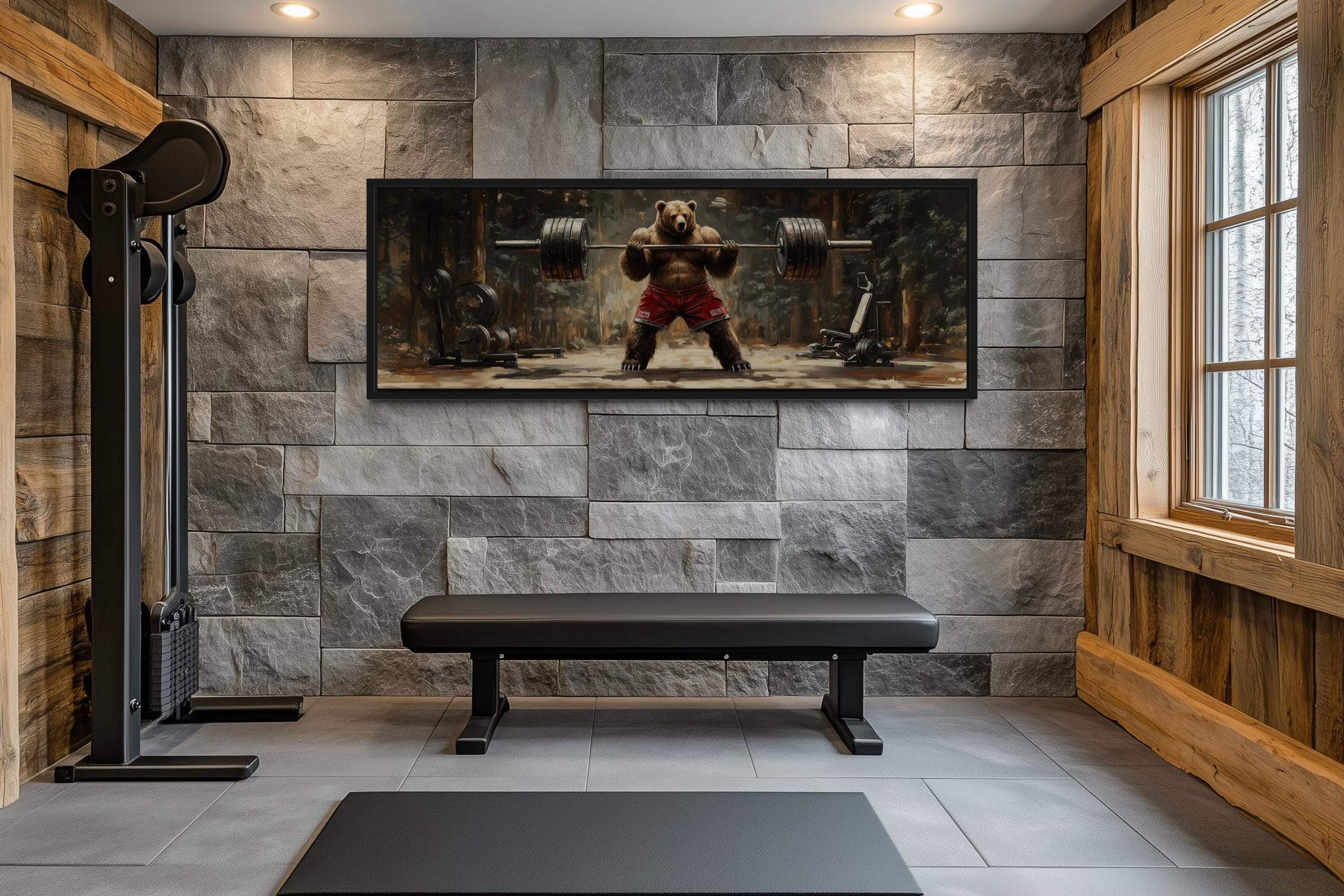 Bear Lifting Weights Wall Art - Long Horizontal Canvas For Cabin Style Gym Decor