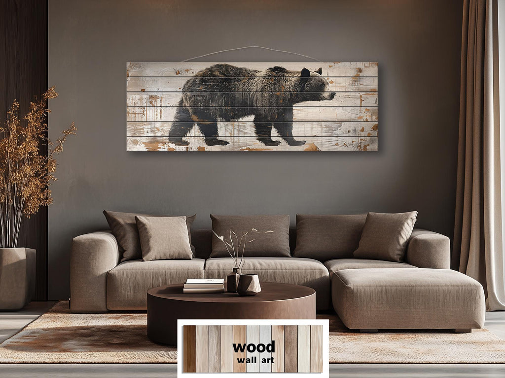 Bear Rustic Distressed Long Horizontal Wood Wall Art