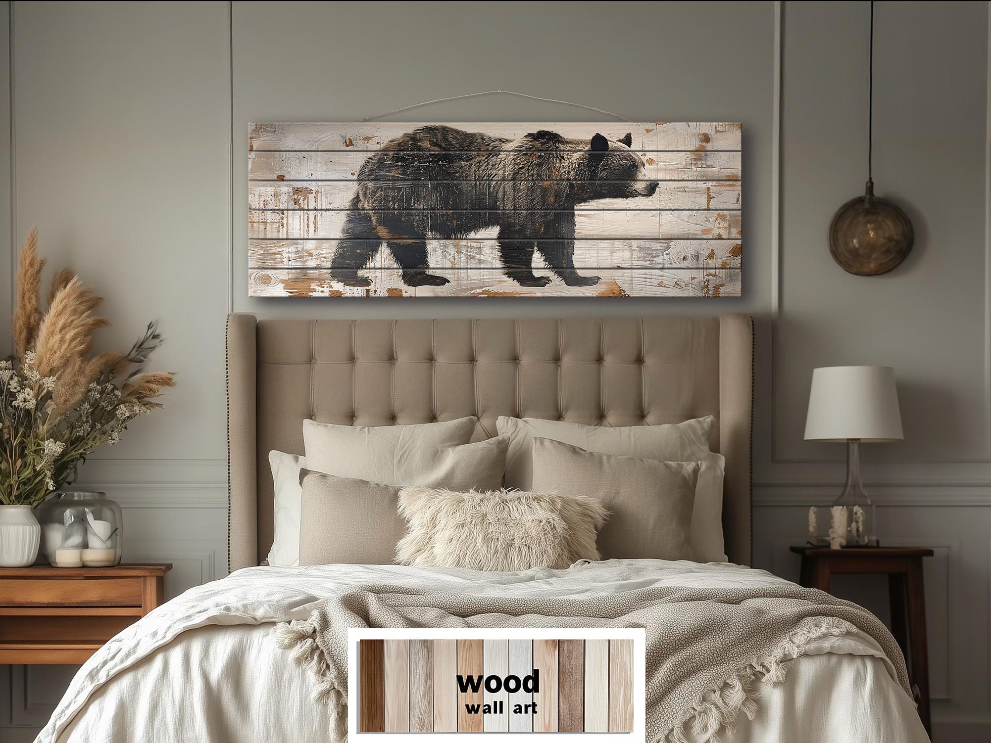 Bear Rustic Distressed Long Horizontal Wood Wall Art