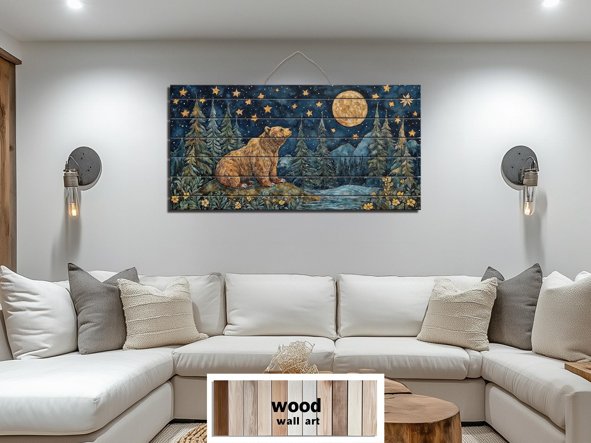 Bear Under Full Moon At Night Wood Wall Art - Rustic Distressed Wooden Panel With Mountain Moon Artwork