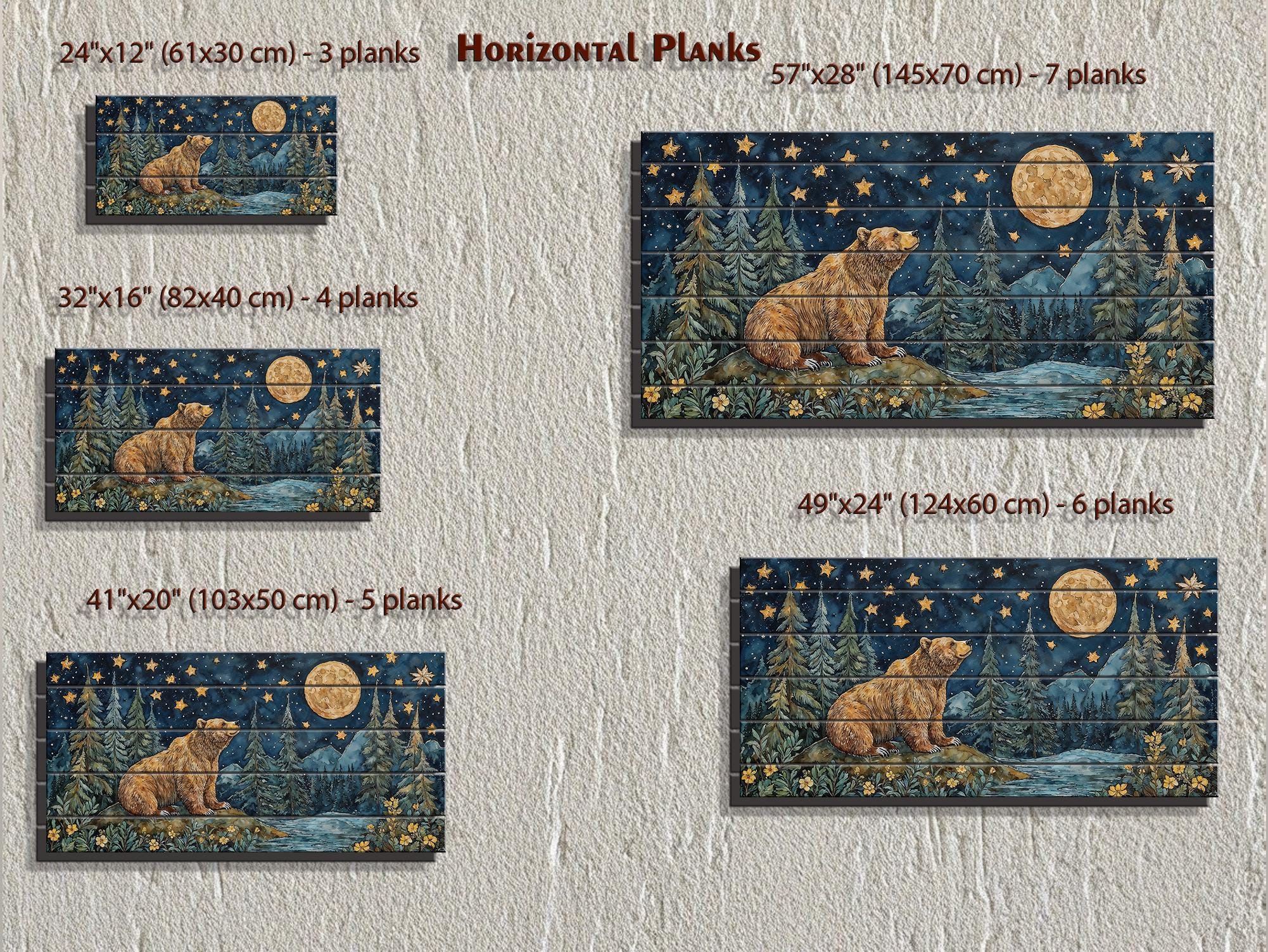 Bear Under Full Moon At Night Wood Wall Art - Rustic Distressed Wooden Panel With Mountain Moon Artwork