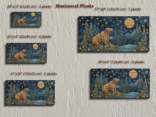 Bear Under Full Moon At Night Wood Wall Art - Rustic Distressed Wooden Panel With Mountain Moon Artwork