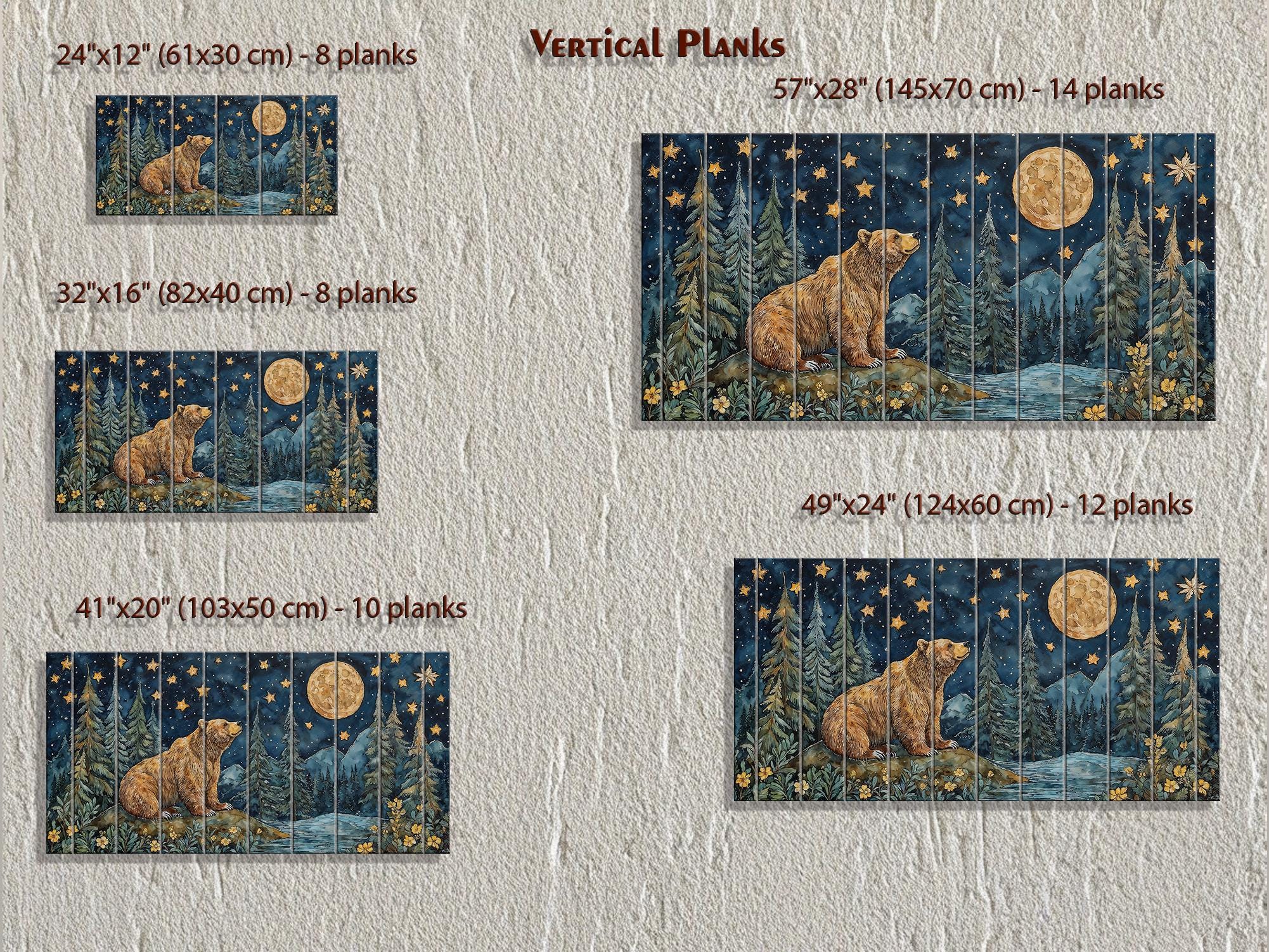 Bear Under Full Moon At Night Wood Wall Art - Rustic Distressed Wooden Panel With Mountain Moon Artwork