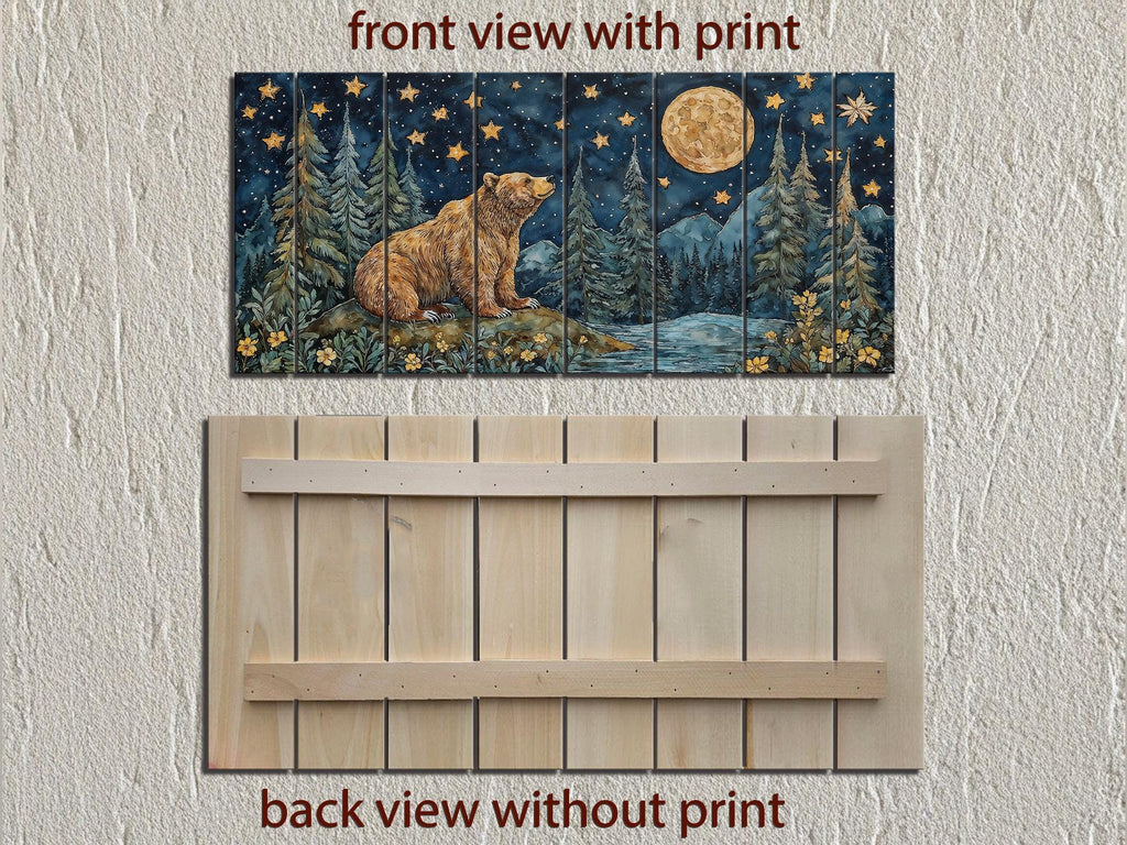 Bear Under Full Moon At Night Wood Wall Art - Rustic Distressed Wooden Panel With Mountain Moon Artwork