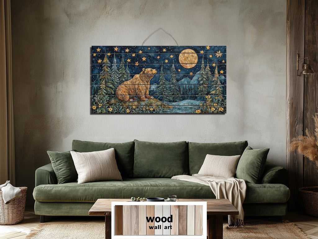 Bear Under Full Moon At Night Wood Wall Art - Rustic Distressed Wooden Panel With Mountain Moon Artwork