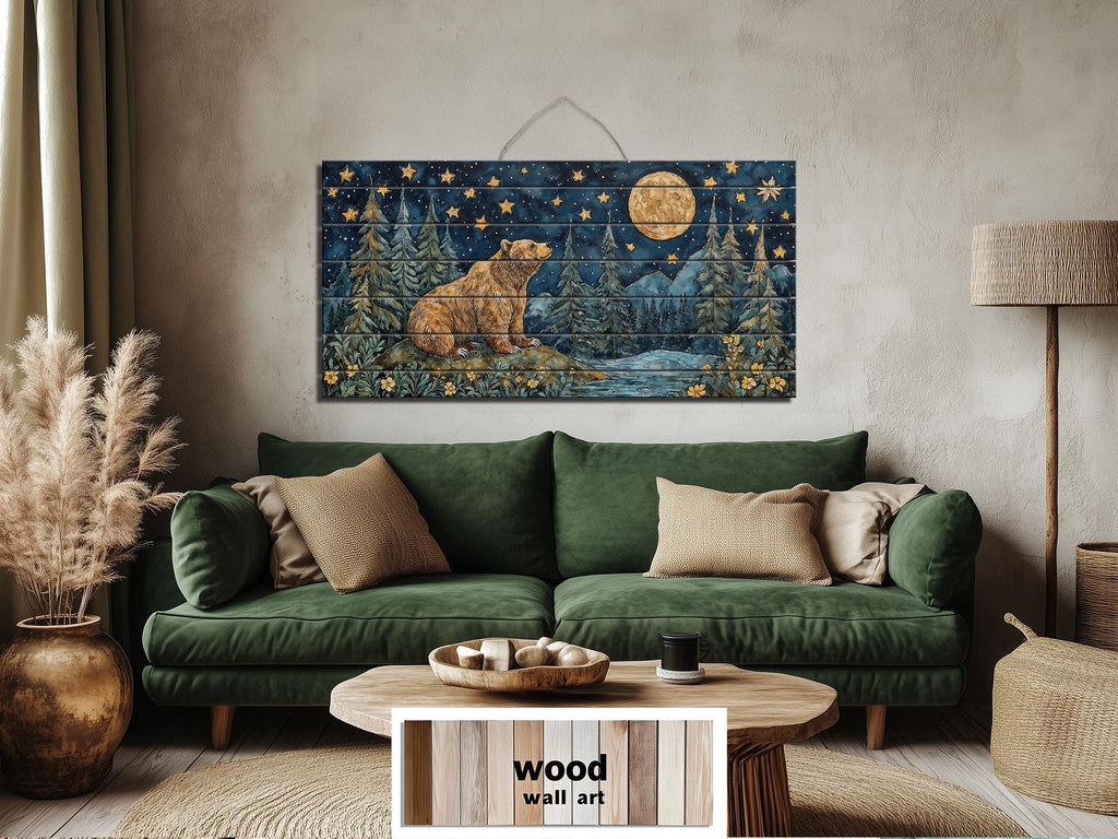 Bear Under Full Moon At Night Wood Wall Art - Rustic Distressed Wooden Panel With Mountain Moon Artwork