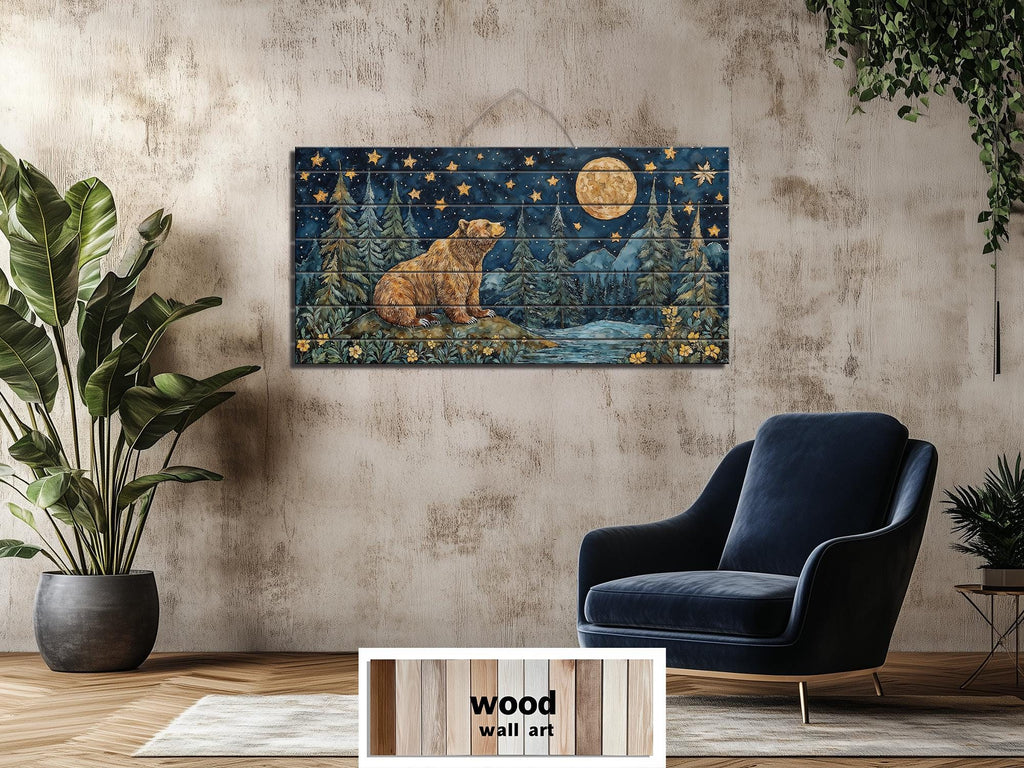 Bear Under Full Moon At Night Wood Wall Art - Rustic Distressed Wooden Panel With Mountain Moon Artwork