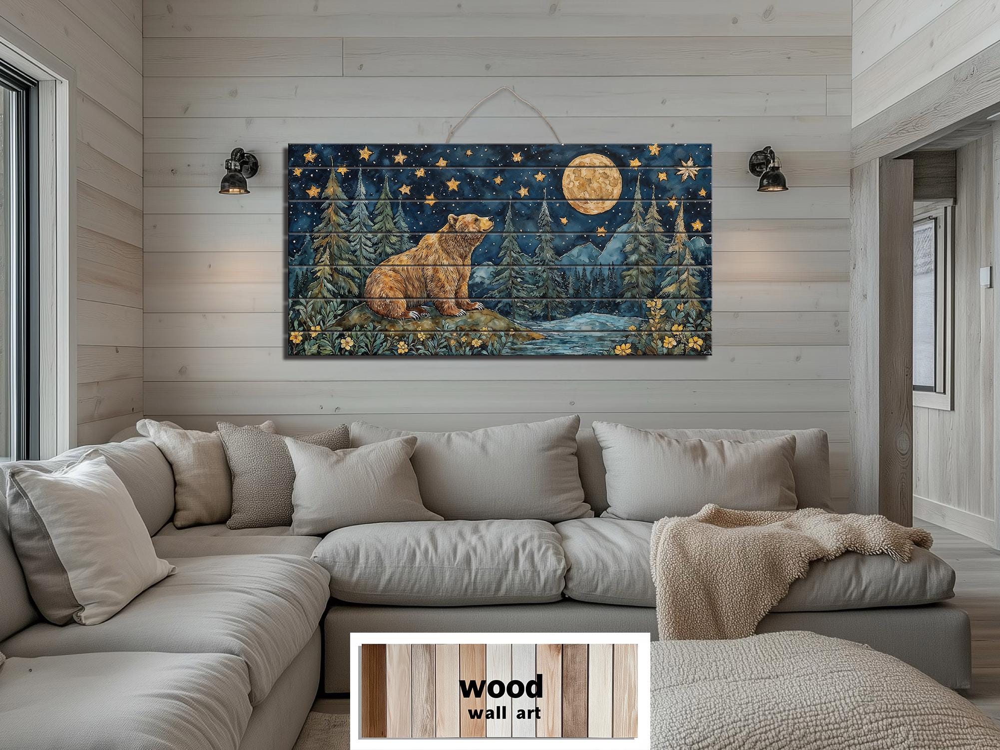 Bear Under Full Moon At Night Wood Wall Art - Rustic Distressed Wooden Panel With Mountain Moon Artwork