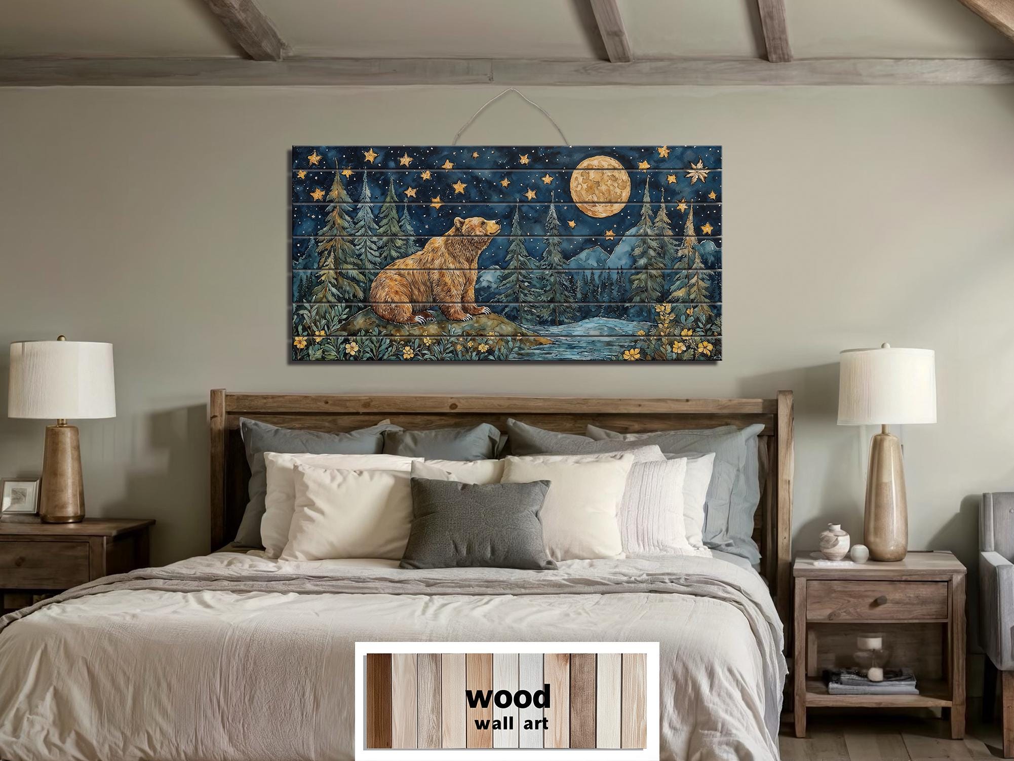Bear Under Full Moon At Night Wood Wall Art - Rustic Distressed Wooden Panel With Mountain Moon Artwork