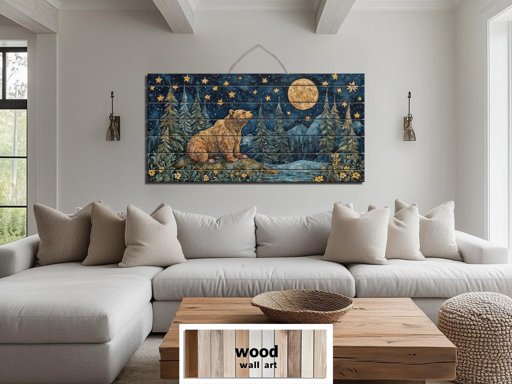 Bear Under Full Moon At Night Wood Wall Art - Rustic Distressed Wooden Panel With Mountain Moon Artwork
