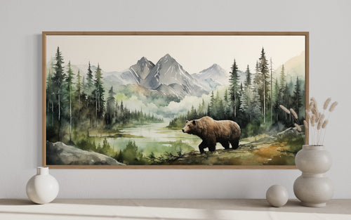 Bear Watercolor Painting - Large Canvas Wildlife Wall Art | Rustic Cabin Decor
