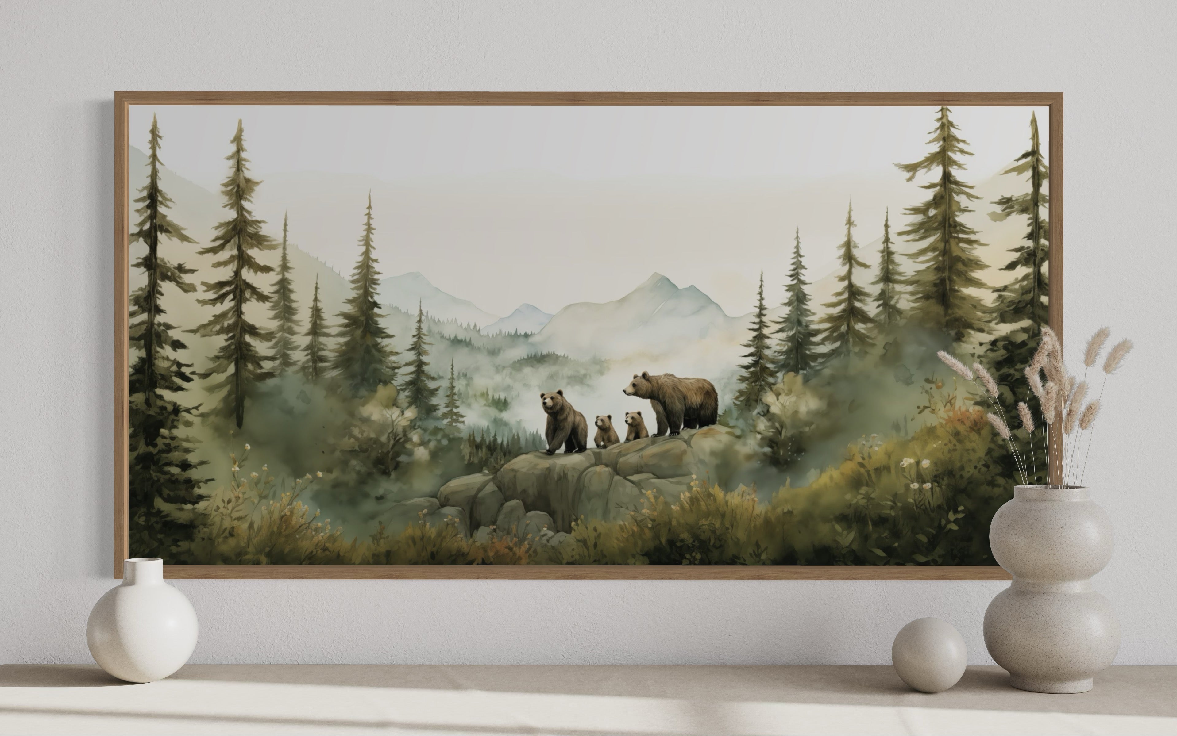 Bears Family With Cubs In The Forest Watercolor Nursery Wall Art