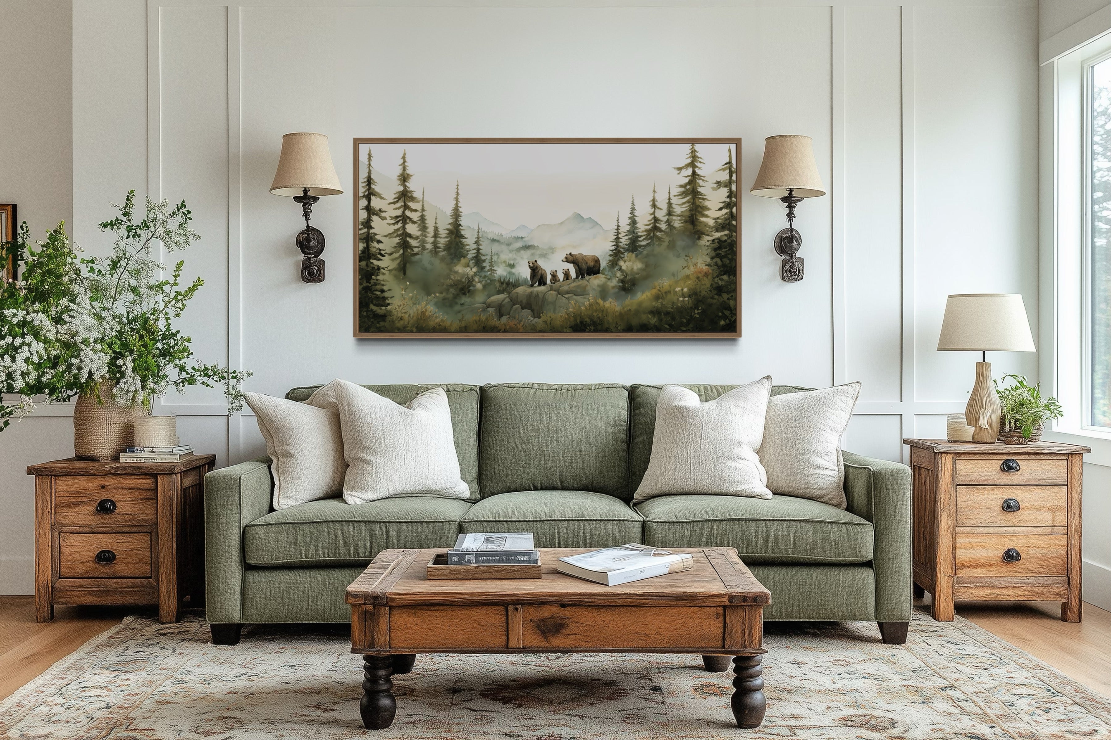 Bears Family With Cubs In The Forest Watercolor Nursery Wall Art