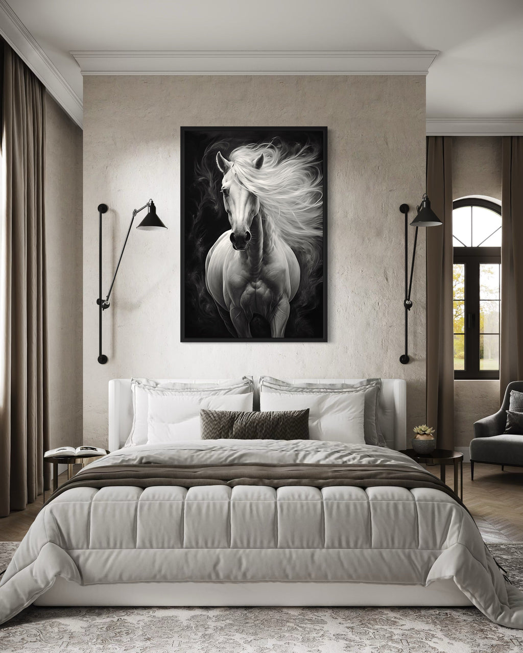 Beautiful White Horse On Black Background Framed Canvas Wall Art