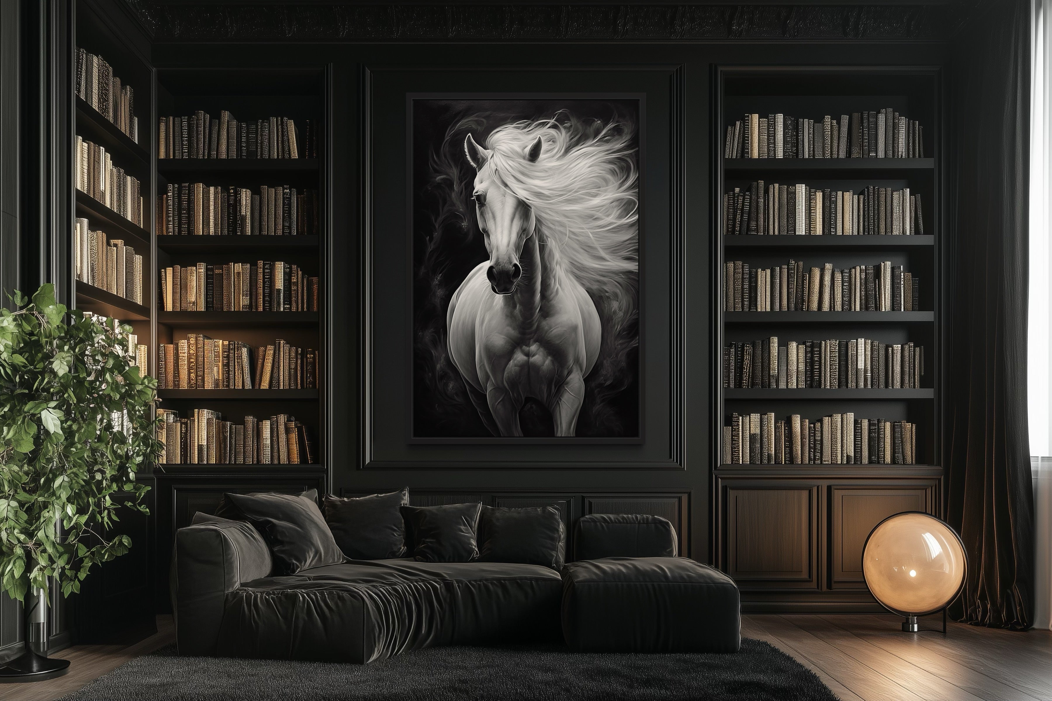 Beautiful White Horse On Black Background Framed Canvas Wall Art