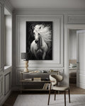 Beautiful White Horse On Black Background Framed Canvas Wall Art