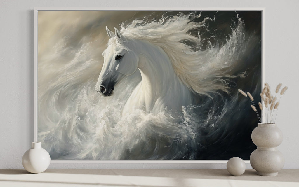 Beautiful White Stallion Framed Canvas Wall Art