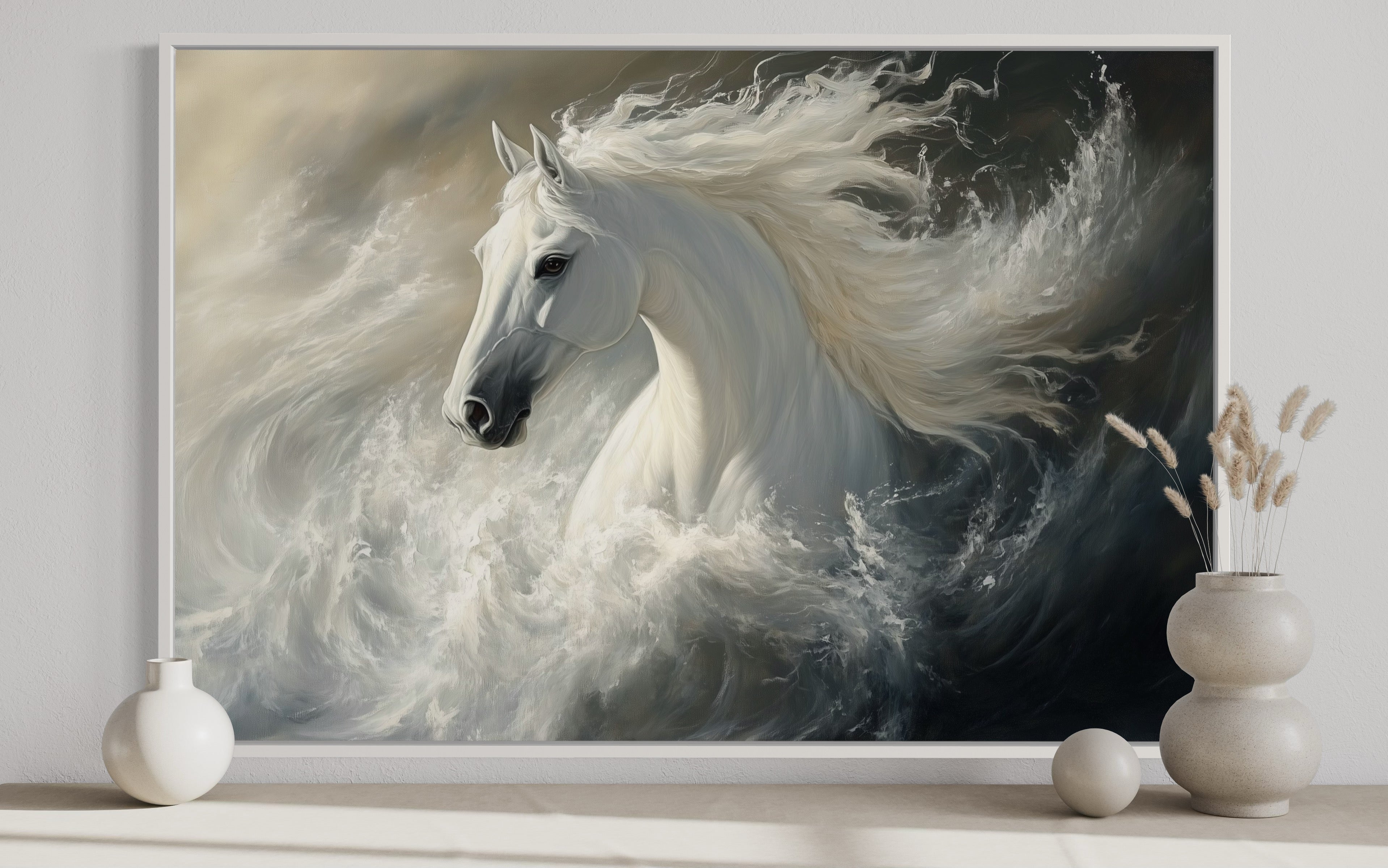 Beautiful White Stallion Framed Canvas Wall Art