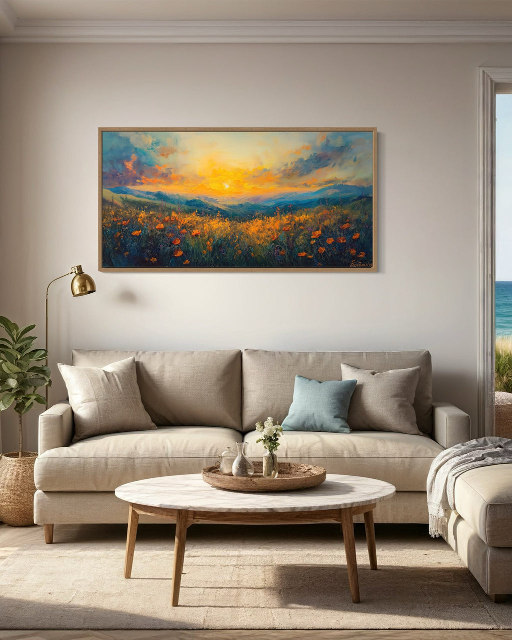 Beautiful Wildflower Field At Sunset Painting Framed Canvas Wall Art