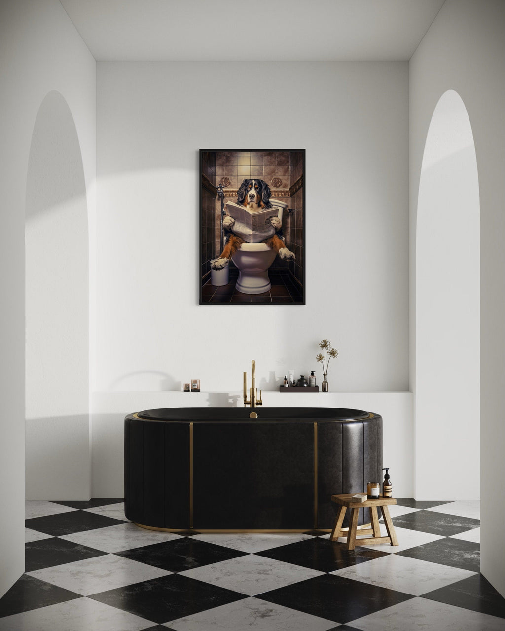 Bernese Mountain Dog On The Toilet Reading Newspaper Picture