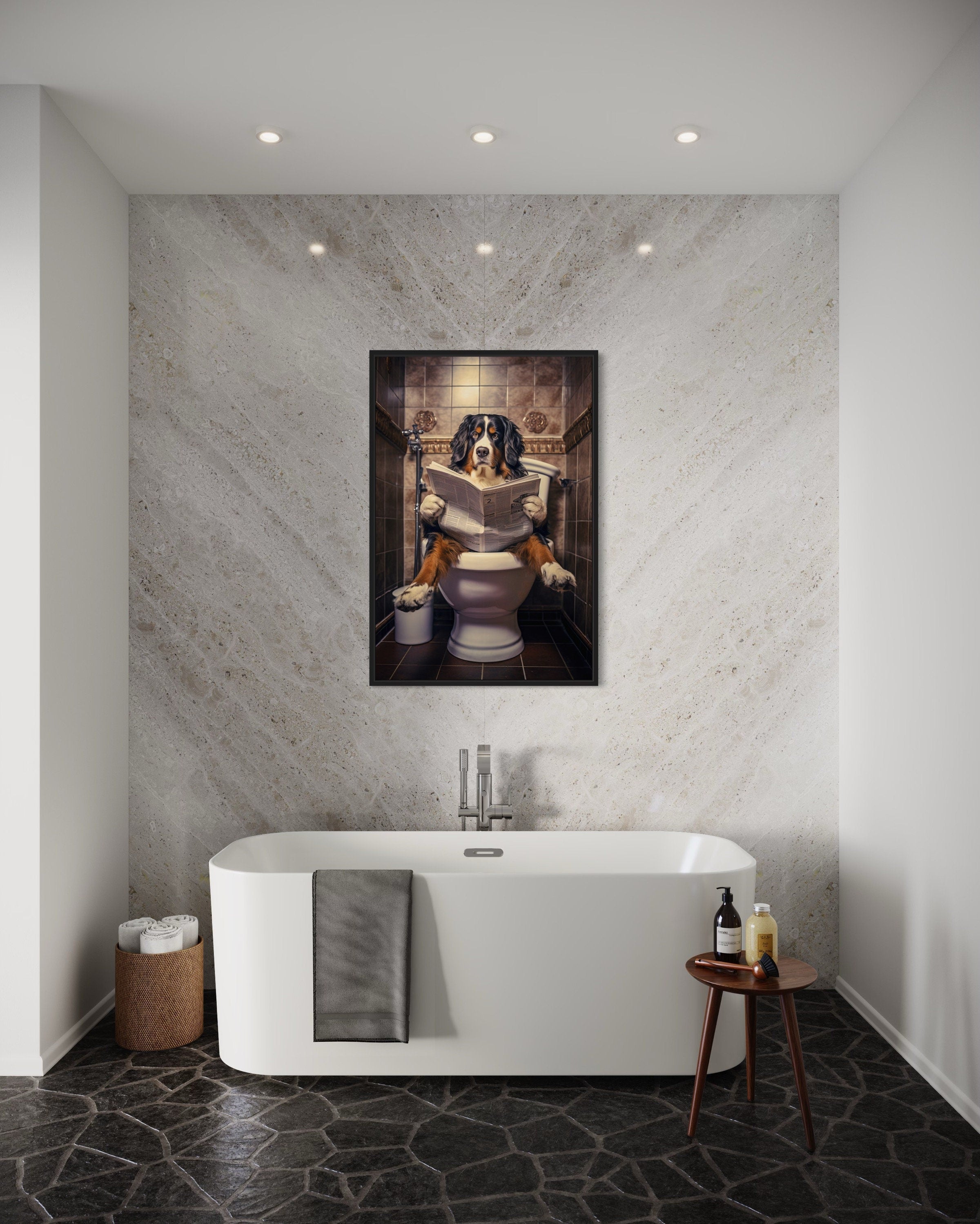 Bernese Mountain Dog On The Toilet Reading Newspaper Picture