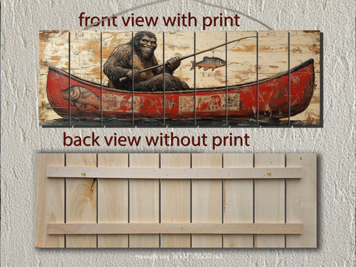 Bigfoot Fishing In Red Canoe Real Wood Wall Art For Cabin Decor